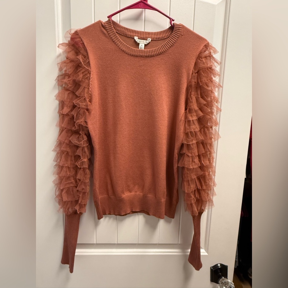 CATO Crewneck Tulle Ruffled Sleeves Sweater Long Sleeve Size Small EUC